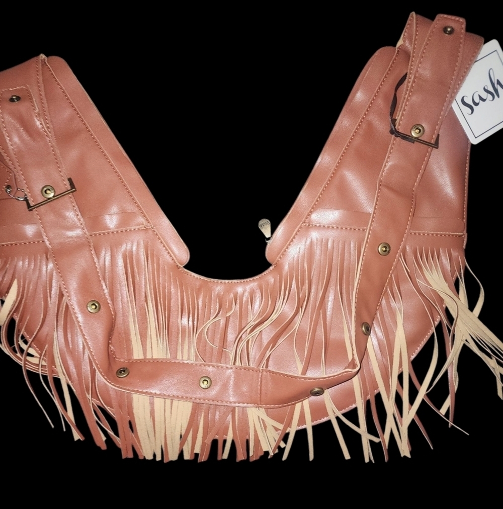 Brown Faux Leather SASH Fringe Crossbody Bag - Picture 9 of 11